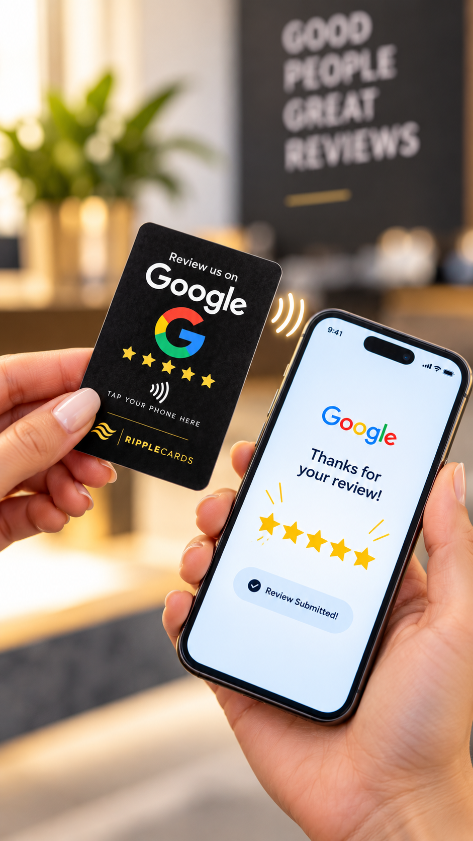 Customer holding a RippleCards card beside a phone showing a completed review