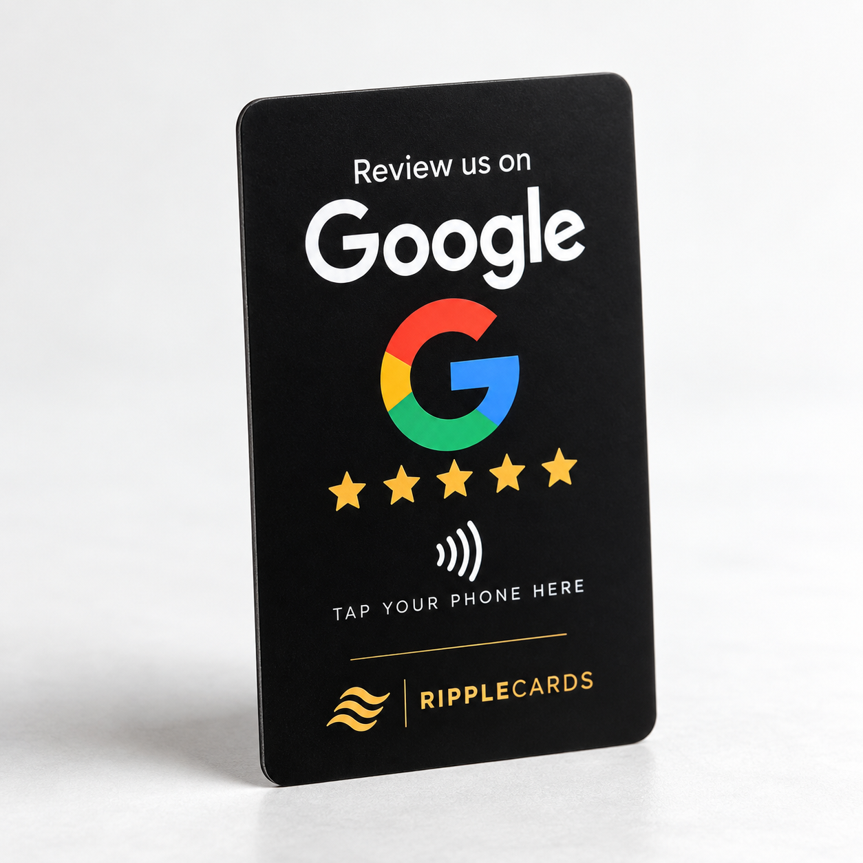 RippleCards review card standing upright in a studio